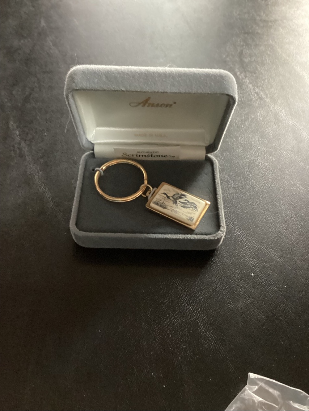 Gold-Tone Rectangular Locket Keychain with Bird Engraving